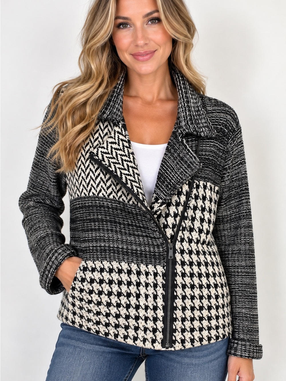 CHAPS Ralph Lauren Black & Cream Patterned Moto Sweater Jacket Women Size M